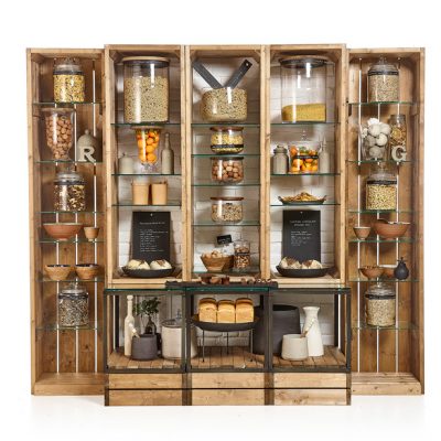 Wooden food and gift shop shelving, free standing, country house retail display, wooden shelving and cubes