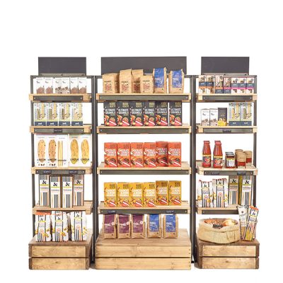 free standing ambient shelving, wooden rustic display units, convenience store