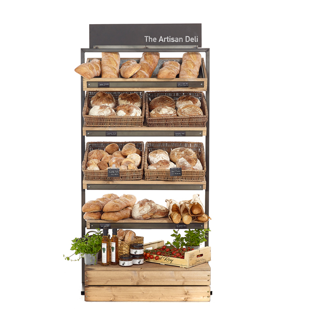 General store display stand, wicker and wooden shelving, free standing bakery deli