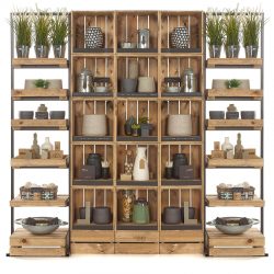 retail interior shop shelving system, wooden, stacking crates, free standing, gift shop, homeware display