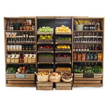 village store wooden shelving, grocery display