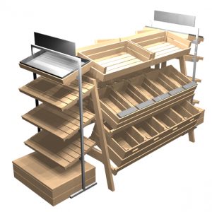 Pet shop Central Displays, Double sided multi-tier stand with Artisan Ends, rustic wooden shopfittings,