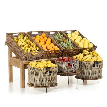 green grocer wicker baskets, fruit and veg display, farm shop, wooden table, rustic