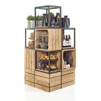 rustic shop display system, chunky wooden shelving store interior