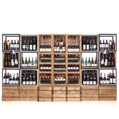 Wine Wall rustic cubes, retail display, wooden shelving, wine shop, supermarket