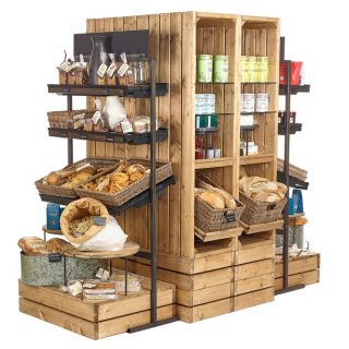Wooden, Rustic, Natural, Fit out, Retail, Central Display, Gondolas, Supermarket, Food Hall, Farm Shop, Island, free standing display, wicker