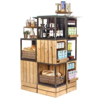 retail-cube-system. chunky cubes, central store wooden gondola, chunk crates, retail display