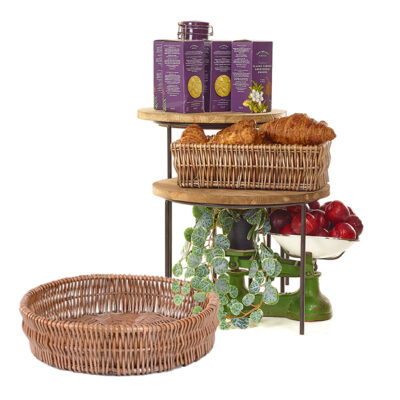 wicker retail display, visual merchandising risers, wooden, coffee shop, rustic basket
