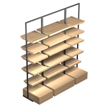 Supermarket rustic shelving system with wooden shelves and tallboy frames