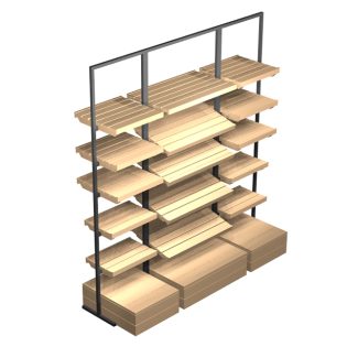 Grocery store shelving, Tallboy feature, wooden sloping display