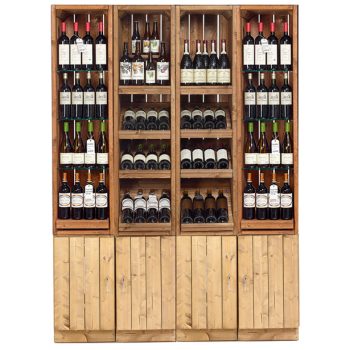 Full-height-narrow-deep-wine-displays-with-storage-base-1600mm-wide