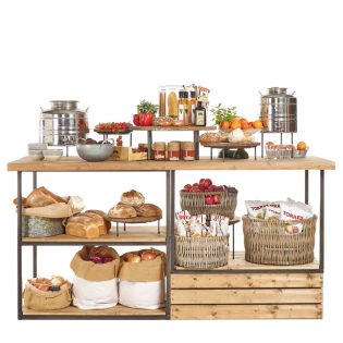 food retailing table display, chef's table restaurant interior