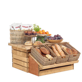 Food market central display, chunky wooden merchandising display