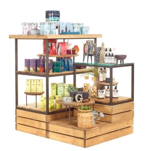Gift shop cube display, open stepped shelving