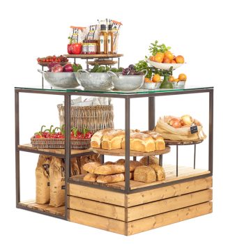 food market cube display, wooden deck shelving