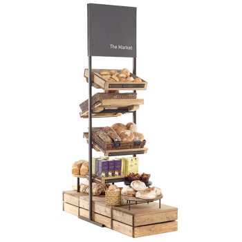 Supermarket bakery, Bread stand, front of store, wicker baskets, deli, farm shop display, wooden display stand, artisan