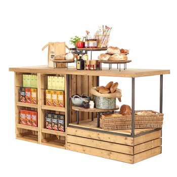 Wooden shop counter with open display section, 2m combination, rustic store interiors.
