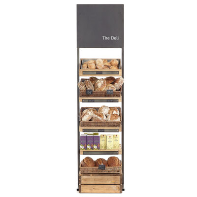 Tall-560-Tallboy-Bakery-retail display unit, wicker baskets, grocery store wooden shelving