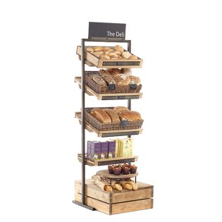 Narrow Bakery stand wicker baskets, bakery, coffee shop, wooden, deli shelving