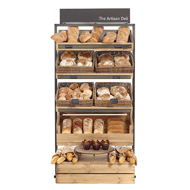 bakery display stand, wooden, rustic, wicker, bread, farm shop shelving, urban baker