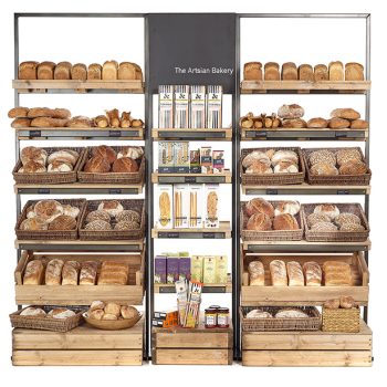 Bakery shelving, modular, wooden, wicker display, food hall, free standing