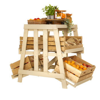 free standing farm shop display, wooden crates, central display, convenience store