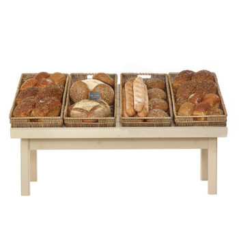Sloping table with wicker trays, bakery display