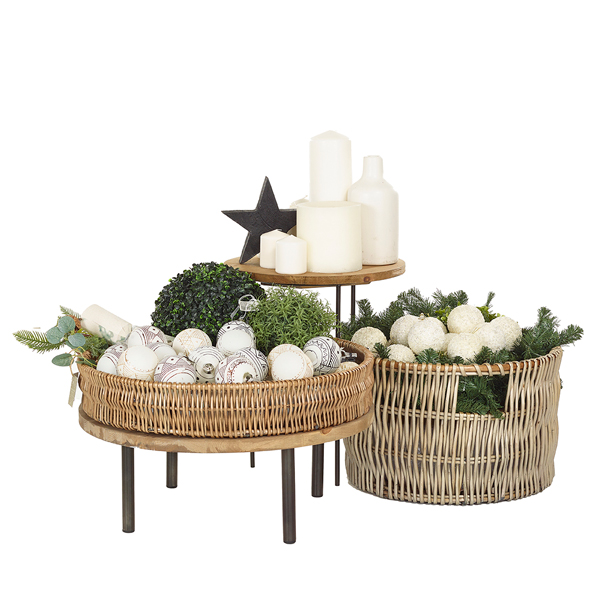 Rustic Shop Accessories, Wicker baskets and wooden risers, Christmas display, gift shop display