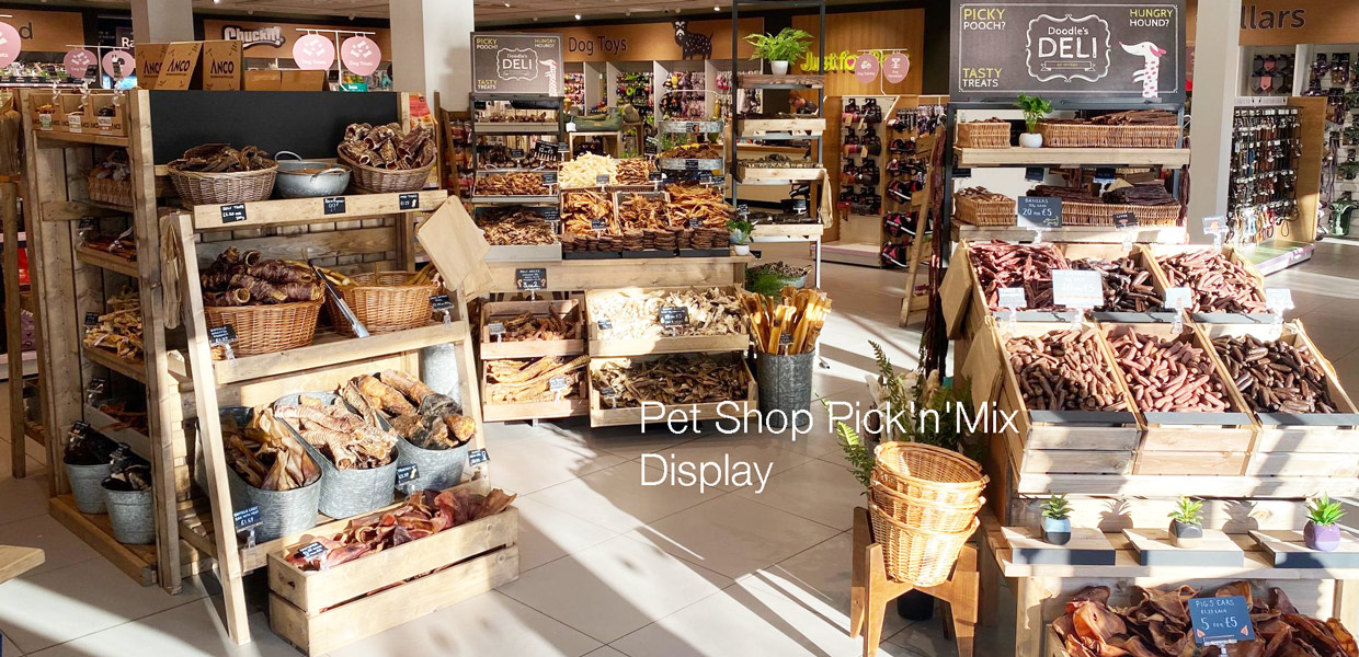 pet shop shelving, wooden display stands, dog treats, store fittings