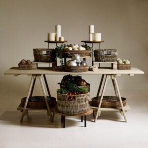 Rustic trestle tables for gift shops, wicker merchandising accessories