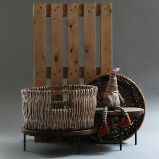 Rustic shop accessories, merchandising pallet and wicker baskets, wooden risers, Christmas display, shop display