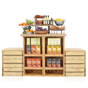 Wooden shop counters, stepped configuration, ideal for farm shops and garden centres.