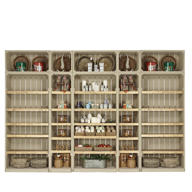Large wooden shelving display wall for shops