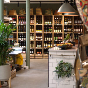 retail interiors wooden shelving, wine crates