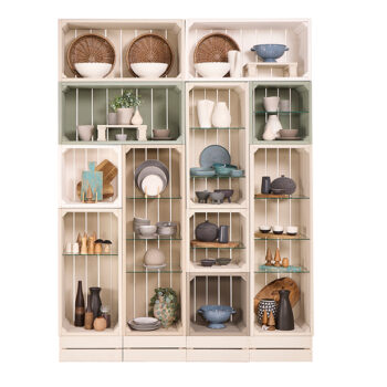 Cookshop shelving painted timber crate display
