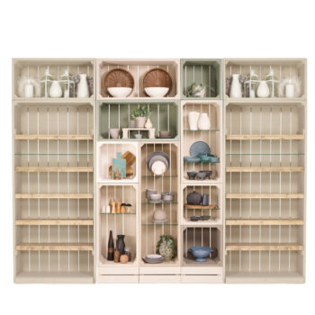 Homeware department shelving with modular crate feature in painted finish