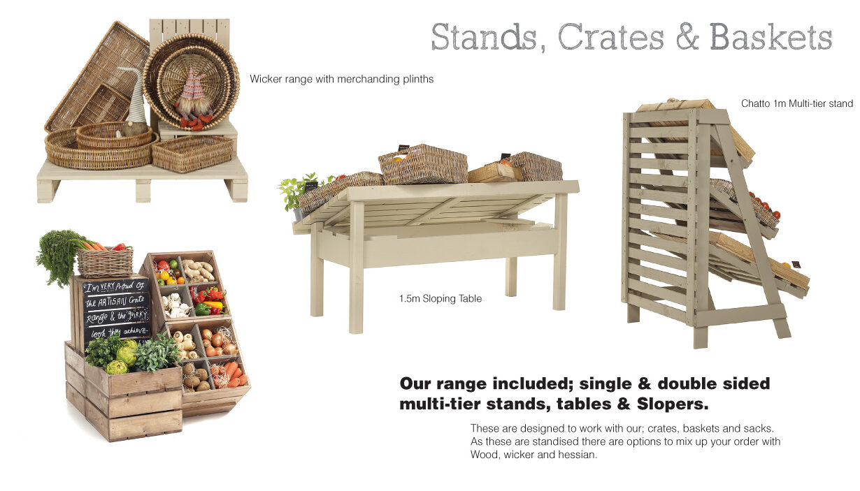 Wooden display equipment, multi-tier stands for veg display including crates and mechandising pallets --------