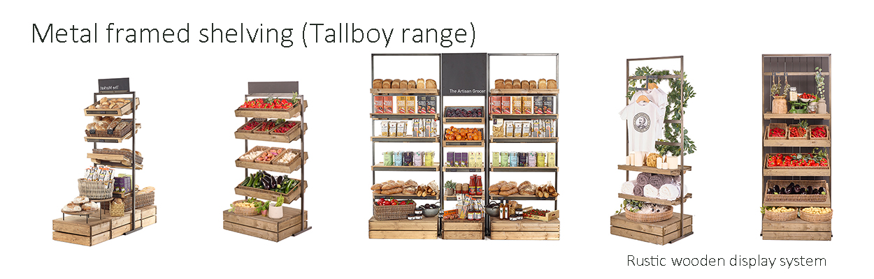 Retail-shelving-wooden-shelving-system. Metal frames Tallboys